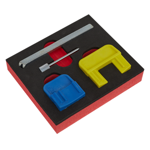 The Sealey Petrol Engine Timing Tool Kit (VS4620) for GM EcoTec/EcoFLEX 1.4-2.2 belt drive engines includes a neatly arranged foam insert holding a metal rod, a small cylindrical tool, a blue plastic clip, and a yellow plastic clip, making it ideal for maintaining your vehicle.