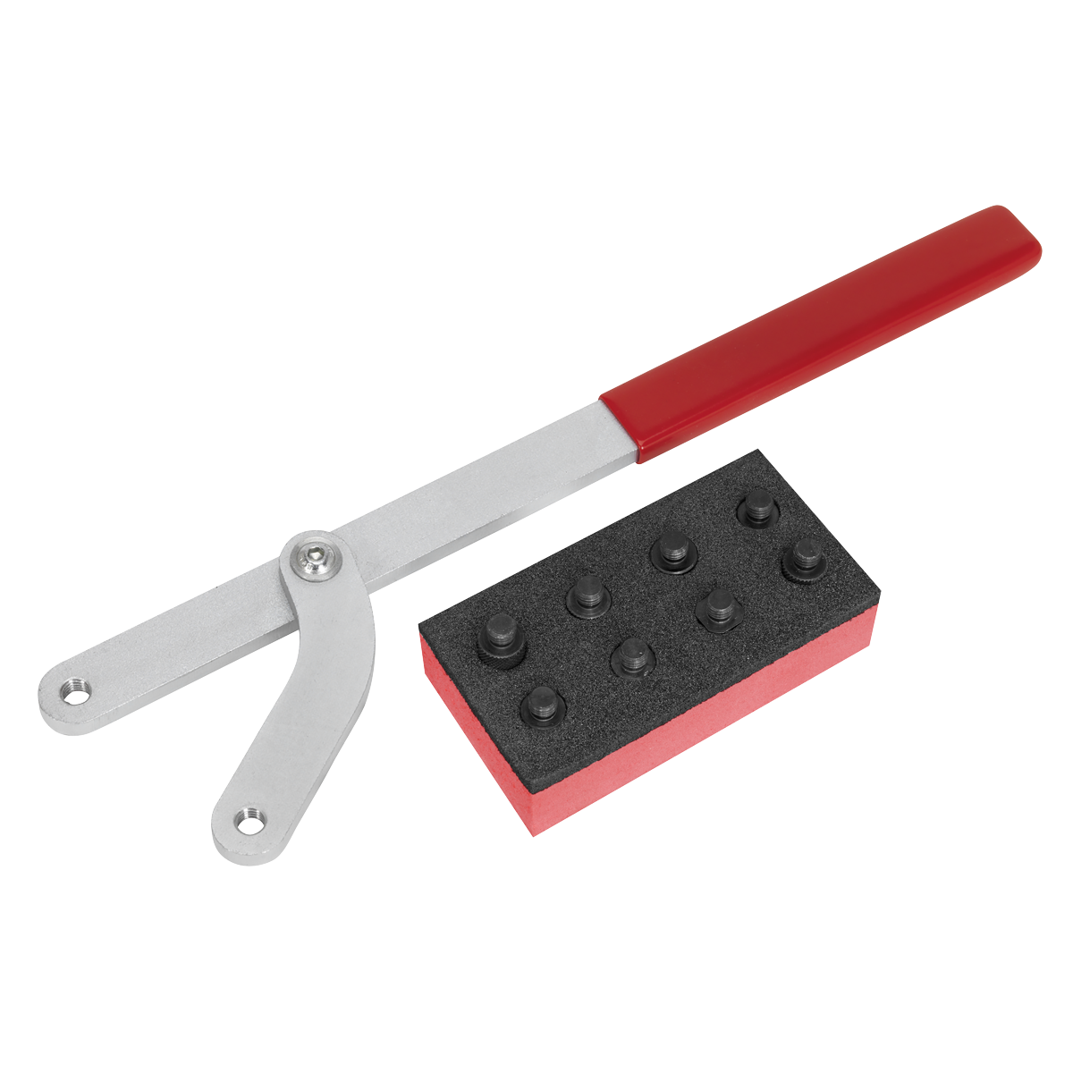 Image of the Universal Pulley & Fan Clutch Holder Set - VS4844 by Sealey, featuring a tool with a red handle and a gray, adjustable arm next to a rectangular block with several cylindrical protrusions, ideal for handling an adjustable jaw spread or working on a camshaft pulley.