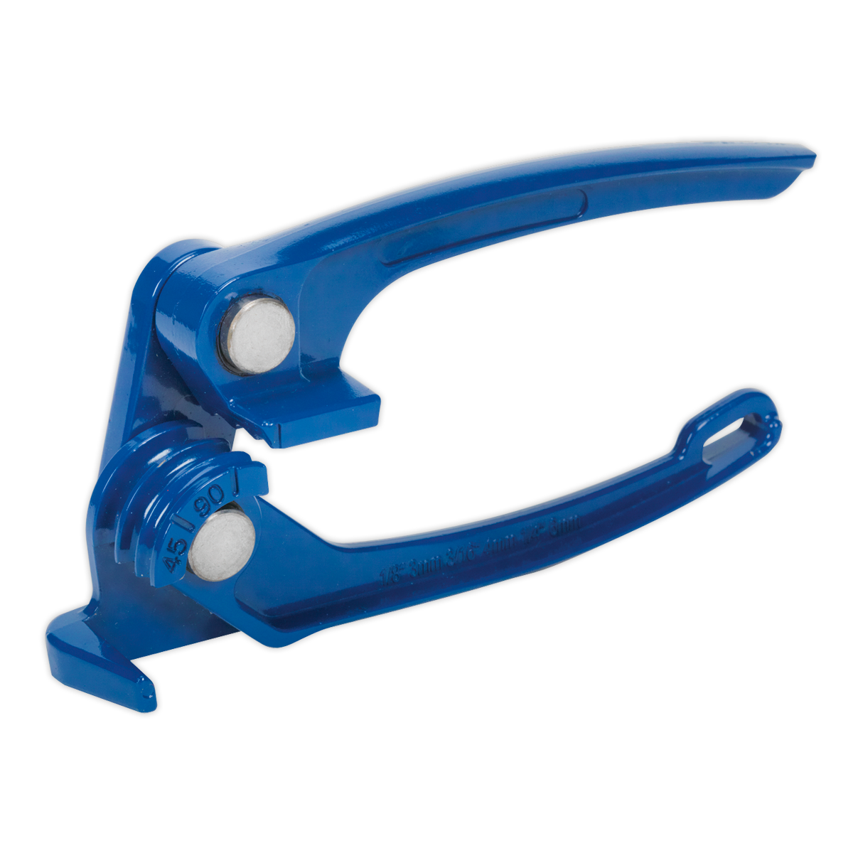 The Sealey Brake Pipe Bender - VS5055 is a blue metal tool engineered for bending steel or automotive brake pipes to desired angles, equipped with a wide handle for enhanced grip and pressure application.