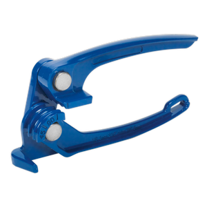 The Sealey Brake Pipe Bender - VS5055 is a blue metal tool engineered for bending steel or automotive brake pipes to desired angles, equipped with a wide handle for enhanced grip and pressure application.