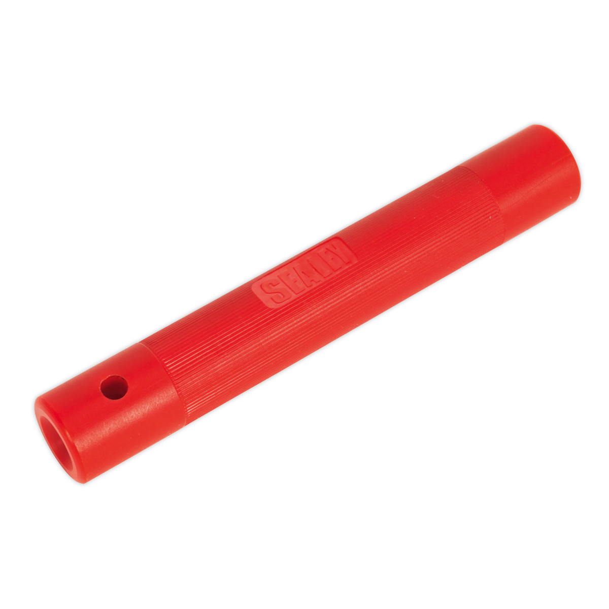 Introducing the Sealey Brake Pipe Straightener - VS5056, a red, cylindrical plastic device featuring two holes on one end and a ridged grip texture in the middle, specifically designed for use in automotive brake pipe straightening applications.