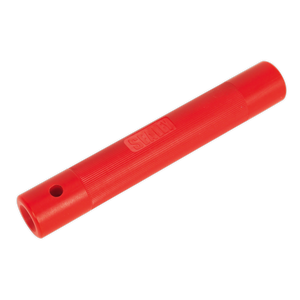 Introducing the Sealey Brake Pipe Straightener - VS5056, a red, cylindrical plastic device featuring two holes on one end and a ridged grip texture in the middle, specifically designed for use in automotive brake pipe straightening applications.