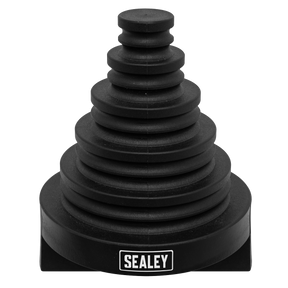 The Sealey rubber gaiter set, designed in a black pyramid shape on a rectangular base, is ideal for use with the Sealey Brake Pipe Bending Tool - VS5057 in various automotive applications.