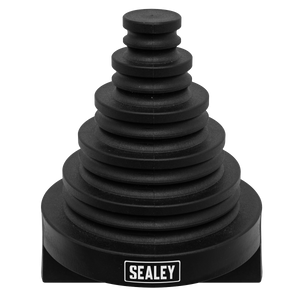 The Sealey rubber gaiter set, designed in a black pyramid shape on a rectangular base, is ideal for use with the Sealey Brake Pipe Bending Tool - VS5057 in various automotive applications.