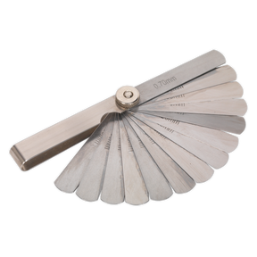 The Sealey Feeler Gauge 15 Blade - Metric - VS511, a precision tool with multiple thin, flat metal blades ranging from 0.06 to 0.70mm in thickness, is used for measuring gaps and spaces in mechanical engineering and automotive contexts.