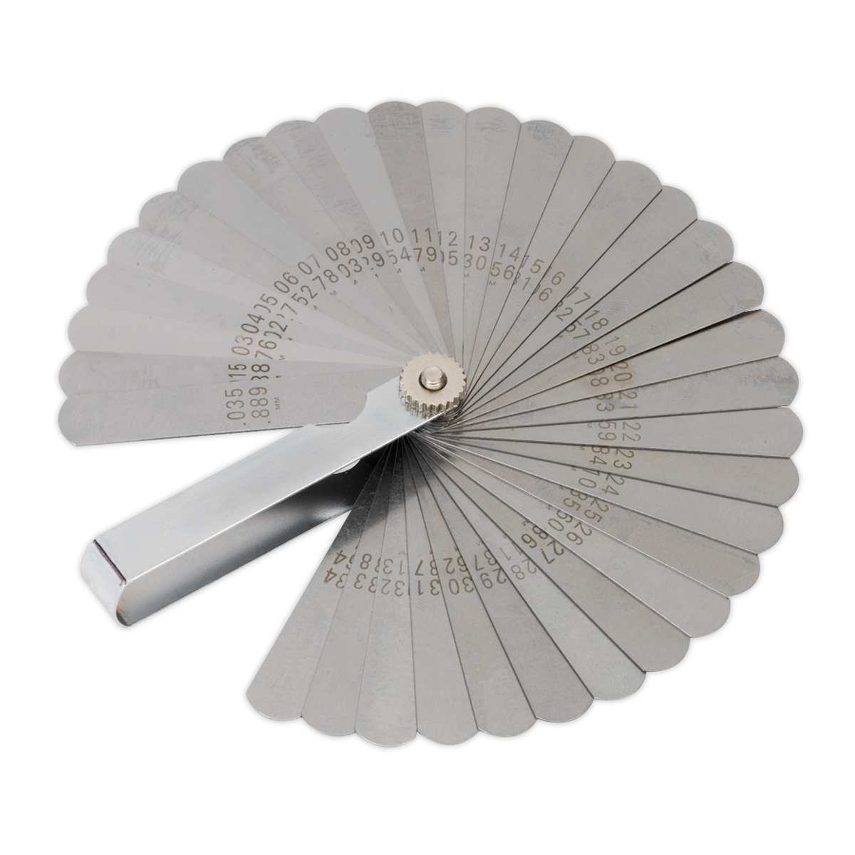 A Sealey Feeler Gauge 35 Blade - Dual Marked - VS512 set fanned out, displaying various thicknesses with numeric labels stamped on each blade for precise measurements.