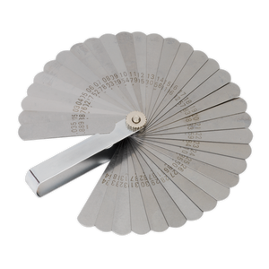 A Sealey Feeler Gauge 35 Blade - Dual Marked - VS512 set fanned out, displaying various thicknesses with numeric labels stamped on each blade for precise measurements.