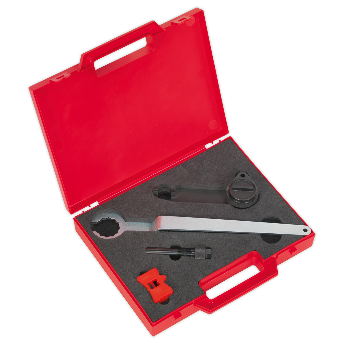 The Sealey Petrol Engine Timing Tool Kit for VAG 1.0 Belt Drive (model VS5140) comes in a robust red plastic case with a black foam interior. The kit includes essential tools such as a spanner, a cylindrical component, and two smaller parts. The cutouts within the case securely hold camshaft sprockets and specialized parts designed specifically for VAG 1.0 petrol engines, ensuring easy access when the case is open.