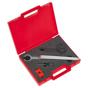 The Sealey Petrol Engine Timing Tool Kit for VAG 1.0 Belt Drive (model VS5140) comes in a robust red plastic case with a black foam interior. The kit includes essential tools such as a spanner, a cylindrical component, and two smaller parts. The cutouts within the case securely hold camshaft sprockets and specialized parts designed specifically for VAG 1.0 petrol engines, ensuring easy access when the case is open.