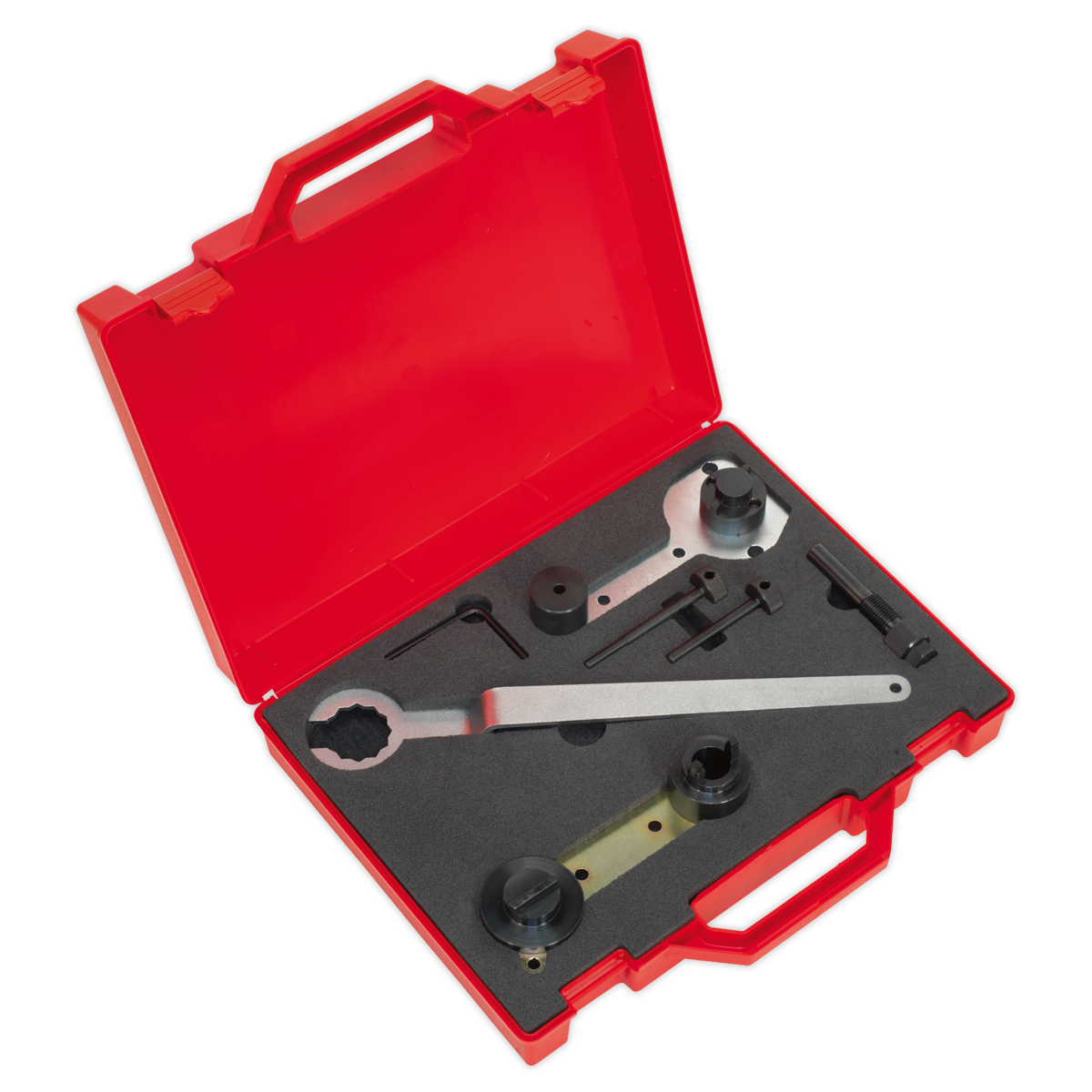 The Sealey Petrol Engine Timing Tool Kit - VAG 1.2/1.4 TSi - Belt Drive (VS5145) includes a red plastic case containing various tools arranged in foam, such as wrenches, pins, and adapters for timing belt replacements on VAG engines.