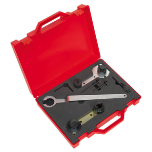 The Sealey Petrol Engine Timing Tool Kit - VAG 1.2/1.4 TSi - Belt Drive (VS5145) includes a red plastic case containing various tools arranged in foam, such as wrenches, pins, and adapters for timing belt replacements on VAG engines.