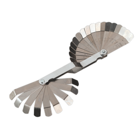 A Sealey Feeler Gauge 26 Blade Offset - Dual Marked (VS515) with blades fanned out on both sides.