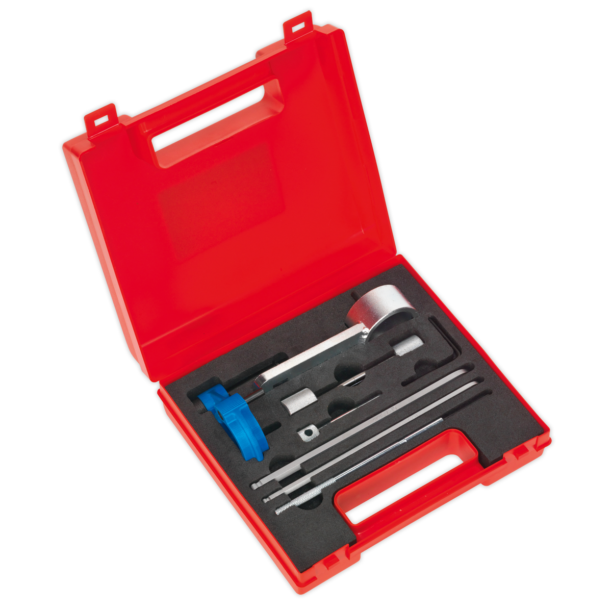 The Sealey Diesel Engine Timing Tool Kit - for VAG 1.4D/1.6D/2.0D Common Rail - Belt Drive - VS5170, features a red plastic case with various precision tools and instruments, neatly organized in individual slots within a foam insert, ideal for servicing common rail diesel engines.