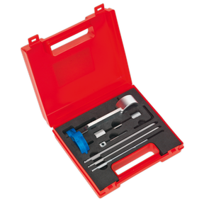 The Sealey Diesel Engine Timing Tool Kit - for VAG 1.4D/1.6D/2.0D Common Rail - Belt Drive - VS5170, features a red plastic case with various precision tools and instruments, neatly organized in individual slots within a foam insert, ideal for servicing common rail diesel engines.
