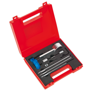 The Sealey Diesel Engine Timing Tool Kit - for VAG 1.4D/1.6D/2.0D Common Rail - Belt Drive - VS5170, features a red plastic case with various precision tools and instruments, neatly organized in individual slots within a foam insert, ideal for servicing common rail diesel engines.