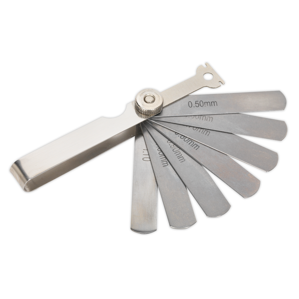 The Sealey Spark Plug Feeler Gauge - Metric - VS518 is a set of metal feeler gauges with multiple blades of varying thicknesses, ideal for gapping spark plugs, displayed in a fanned-out position with the measurements visible on the blades.