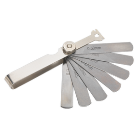The Sealey Spark Plug Feeler Gauge - Metric - VS518 is a set of metal feeler gauges with multiple blades of varying thicknesses, ideal for gapping spark plugs, displayed in a fanned-out position with the measurements visible on the blades.