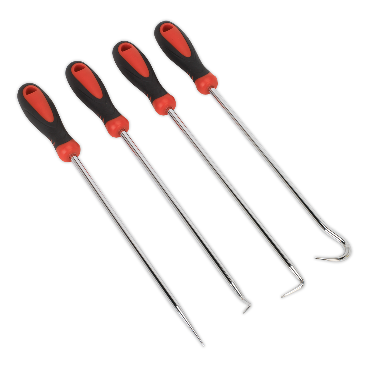 The Sealey Pick & Hook Set 4pc Extra-Long - VS5210 features durable Chrome Vanadium steel tools with extra-long shafts and black and red handles, making it perfect for various vehicle applications.