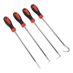 The Sealey Pick & Hook Set 4pc Extra-Long - VS5210 features durable Chrome Vanadium steel tools with extra-long shafts and black and red handles, making it perfect for various vehicle applications.