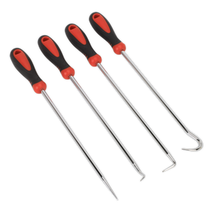 The Sealey Pick & Hook Set 4pc Extra-Long - VS5210 features durable Chrome Vanadium steel tools with extra-long shafts and black and red handles, making it perfect for various vehicle applications.