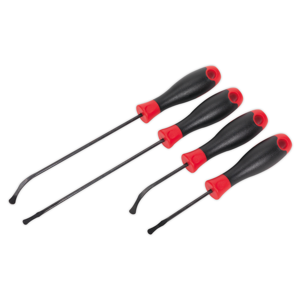 A set of four contoured-tip, black and red angled O-ring removal tools in varying shapes and sizes, arranged in ascending order of length, from Sealey's VS5211 O-Ring Removal Tool Set 4pc.