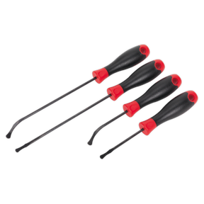 A set of four contoured-tip, black and red angled O-ring removal tools in varying shapes and sizes, arranged in ascending order of length, from Sealey's VS5211 O-Ring Removal Tool Set 4pc.
