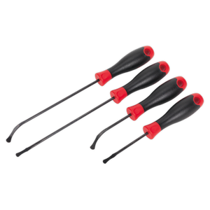 A set of four contoured-tip, black and red angled O-ring removal tools in varying shapes and sizes, arranged in ascending order of length, from Sealey's VS5211 O-Ring Removal Tool Set 4pc.