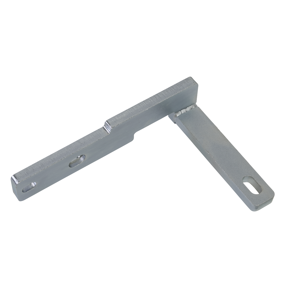 A Sealey Engine Support Bracket - VS5214 for BMW Mini, featuring a sturdy metal L-bracket with two flat arms, each equipped with a fastening hole, viewed against a white background, ideal for cylinder head work on BMW Mini engines.