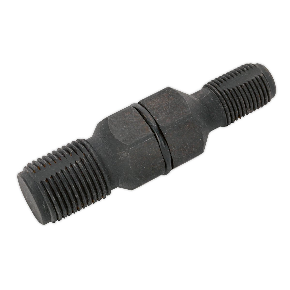 Introducing the Sealey Spark Plug Thread Chaser 14 & 18mm - VS525, a precision-engineered tool with dual ends and a central hexagonal section for wrench tightening. Crafted to minimize cross-threading damage, it features visible ridges on both ends for secure and efficient fastening.