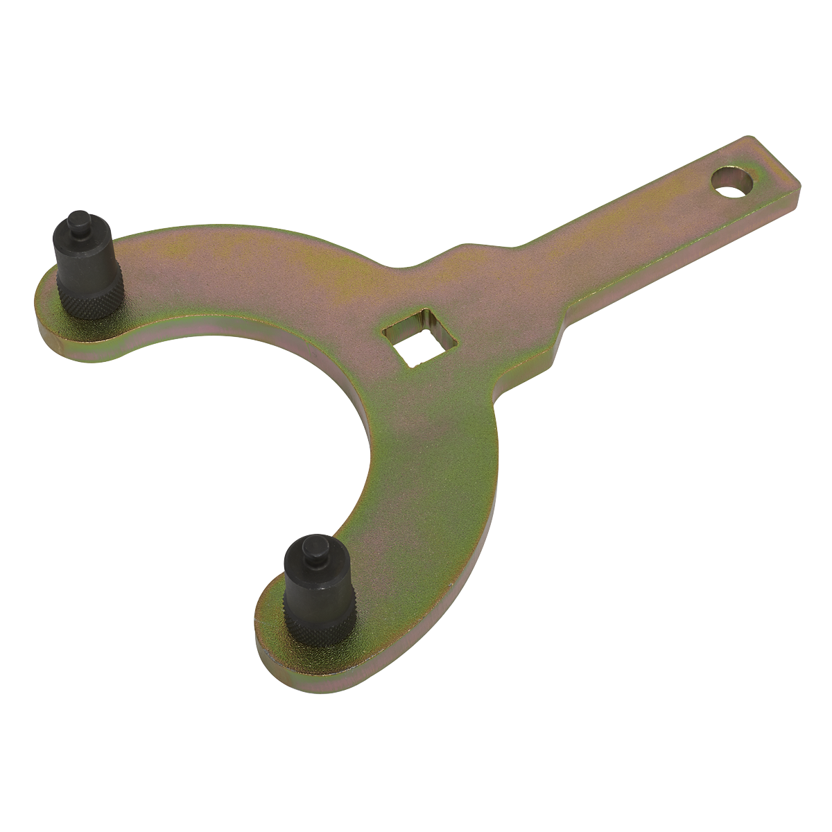 The Sealey Crankshaft Holding Wrench - for GM 1.6D (model VS5254) is a metal spanner tool featuring two black pegs on a semi-circle head and a rectangular handle with a hole at the end, ideal for adjusting the crankshaft pulley on Opel diesel engines.