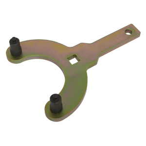 The Sealey Crankshaft Holding Wrench - for GM 1.6D (model VS5254) is a metal spanner tool featuring two black pegs on a semi-circle head and a rectangular handle with a hole at the end, ideal for adjusting the crankshaft pulley on Opel diesel engines.