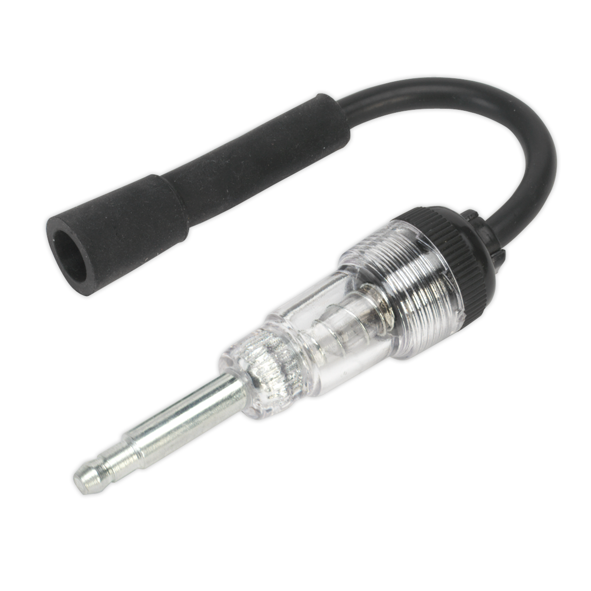 The Sealey In-Line Ignition Spark Tester - VS526 features a transparent body and a flexible black wire, making it perfect for fault diagnosis.