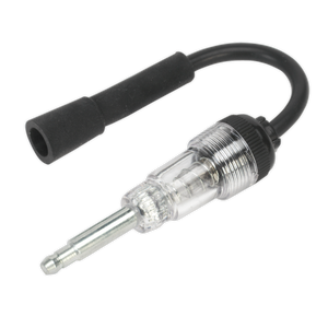 The Sealey In-Line Ignition Spark Tester - VS526 features a transparent body and a flexible black wire, making it perfect for fault diagnosis.