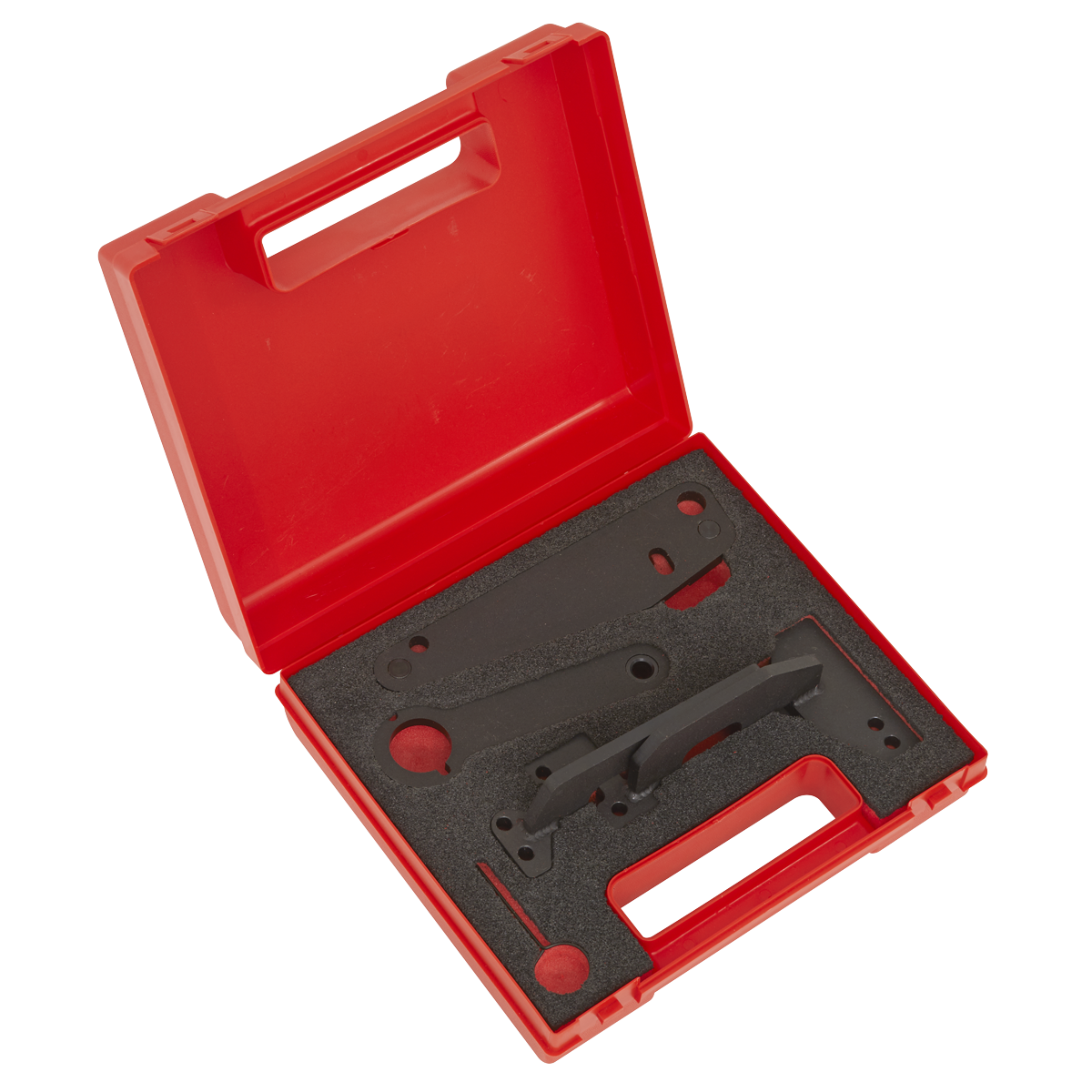 Sealey's VS5260 Timing Tool for Mercedes, Renault, Nissan, and Dacia 1.3 petrol engines comes in a red plastic case with foam inserts holding various black camshaft alignment tools securely inside.