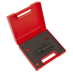 Sealey's VS5260 Timing Tool for Mercedes, Renault, Nissan, and Dacia 1.3 petrol engines comes in a red plastic case with foam inserts holding various black camshaft alignment tools securely inside.