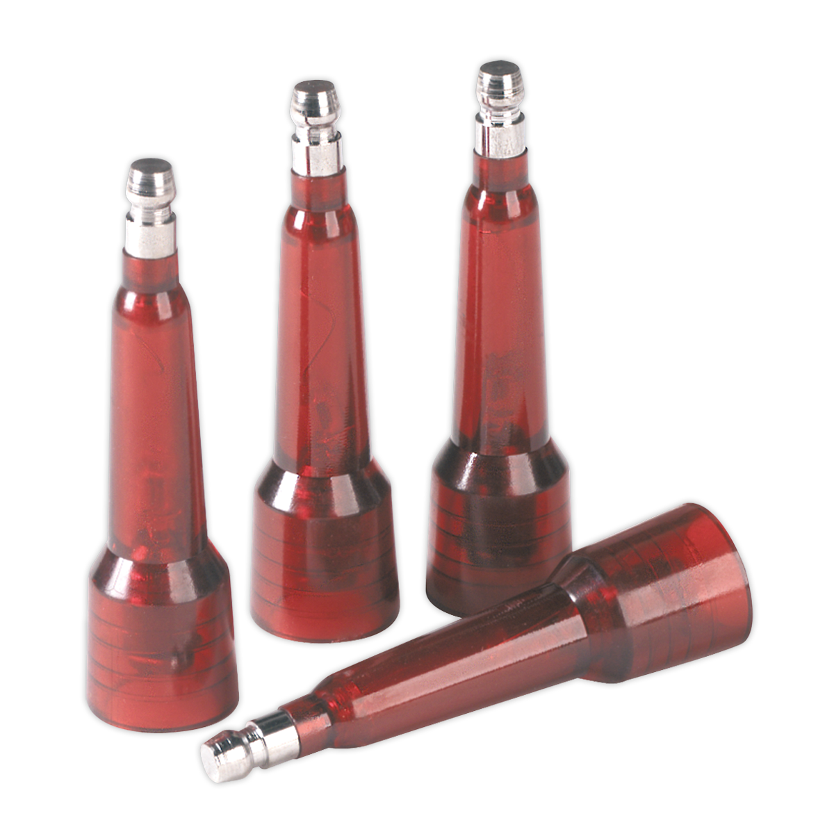 Four red plastic components from the Sealey HT Tester Set 4pc - VS5261, which have grey tips and resemble parts for an engine testing kit, stand upright while one lies on its side.