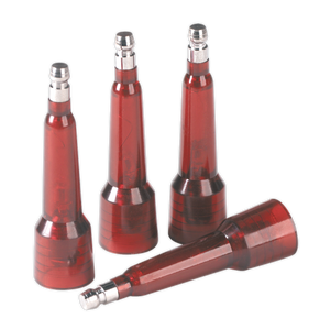 Four red plastic components from the Sealey HT Tester Set 4pc - VS5261, which have grey tips and resemble parts for an engine testing kit, stand upright while one lies on its side.