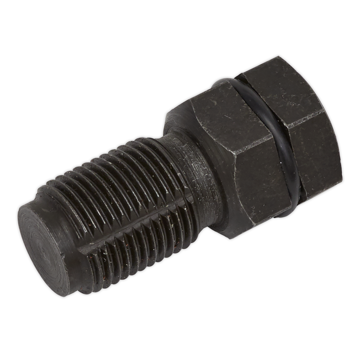 A close-up of the Sealey Oxygen Sensor Port Thread Chaser M18 x 1.5mm - VS528, featuring a black, hexagonal-headed bolt with a threaded shaft, perfect for M18 x 1.5mm exhaust oxygen sensor ports.