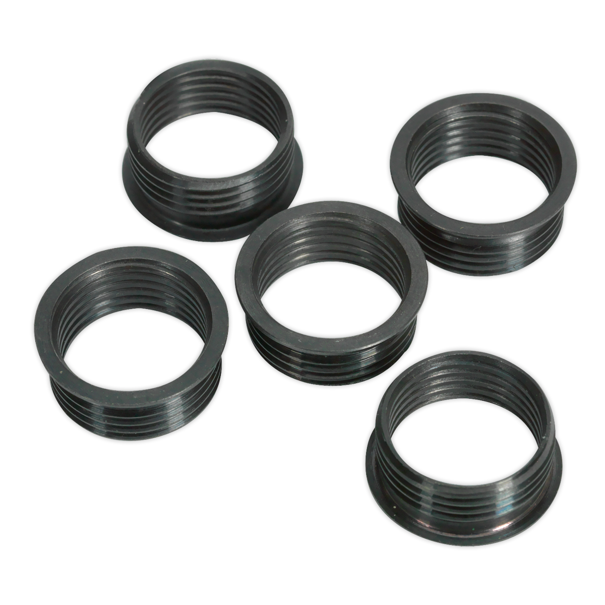 Five black threaded metal rings, reminiscent of the Thread Insert M18 x 1.5mm for VS5281 from Sealey (Pack of 5 - VS5281R), are arranged together and shown on a white background.