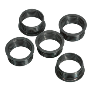 Five black threaded metal rings, reminiscent of the Thread Insert M18 x 1.5mm for VS5281 from Sealey (Pack of 5 - VS5281R), are arranged together and shown on a white background.