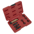 The Sealey Oxygen Sensor Thread Repair Kit M18 x 1.5mm (VS5281) comes in a red plastic case and includes several black and metallic automotive tools, such as a large hexagonal tool, various smaller fittings and adapters, and an installation tool for threaded inserts.