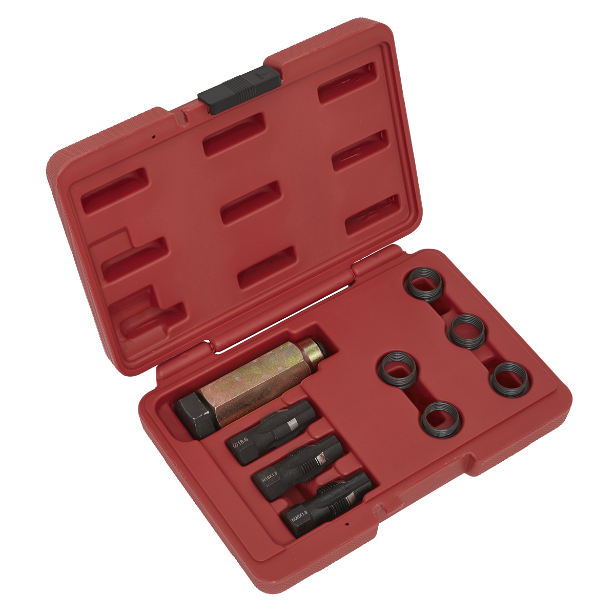 The Sealey Oxygen Sensor Thread Repair Kit M18 x 1.5mm (VS5281) comes in a red plastic case and includes several black and metallic automotive tools, such as a large hexagonal tool, various smaller fittings and adapters, and an installation tool for threaded inserts.