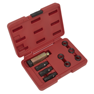 The Sealey Oxygen Sensor Thread Repair Kit M18 x 1.5mm (VS5281) comes in a red plastic case and includes several black and metallic automotive tools, such as a large hexagonal tool, various smaller fittings and adapters, and an installation tool for threaded inserts.