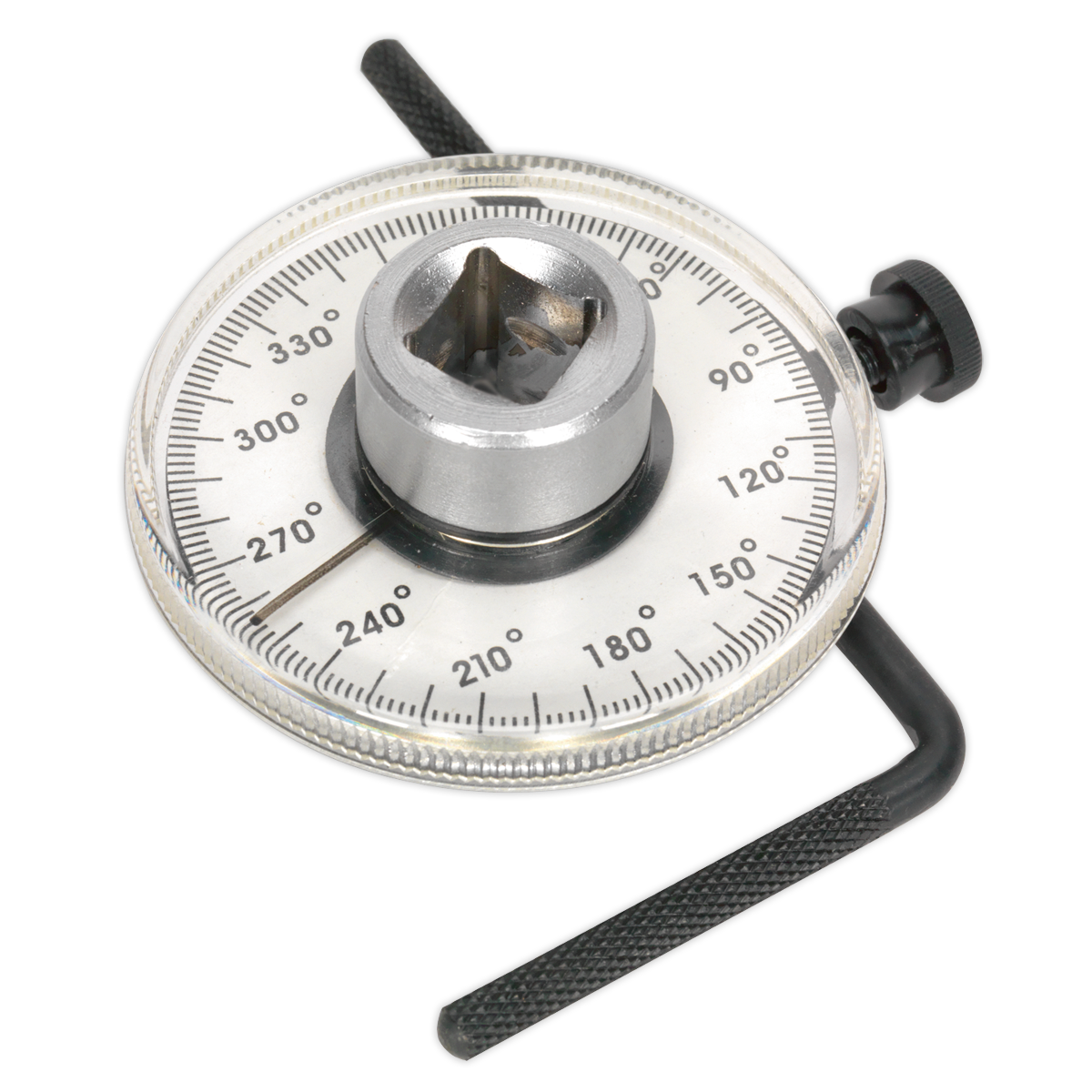 The Sealey Angular Torque Gauge 1/2"Sq Drive - VS530 features a clear composite dial, degree markings, a central socket, and an adjustable reaction arm.