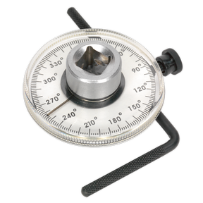 The Sealey Angular Torque Gauge 1/2"Sq Drive - VS530 features a clear composite dial, degree markings, a central socket, and an adjustable reaction arm.