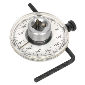 The Sealey Angular Torque Gauge 1/2"Sq Drive - VS530 features a clear composite dial, degree markings, a central socket, and an adjustable reaction arm.