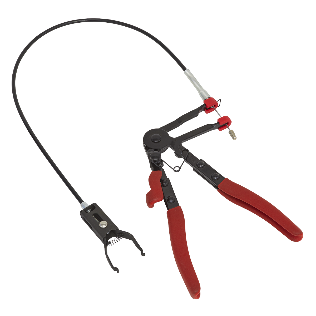 Button Clip Pliers Remote Action - VS551 by Sealey features red handles and a black flexible cable connected to a compact head clamp mechanism.