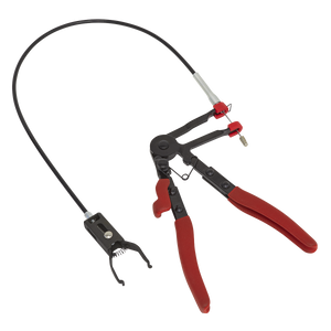 Button Clip Pliers Remote Action - VS551 by Sealey features red handles and a black flexible cable connected to a compact head clamp mechanism.