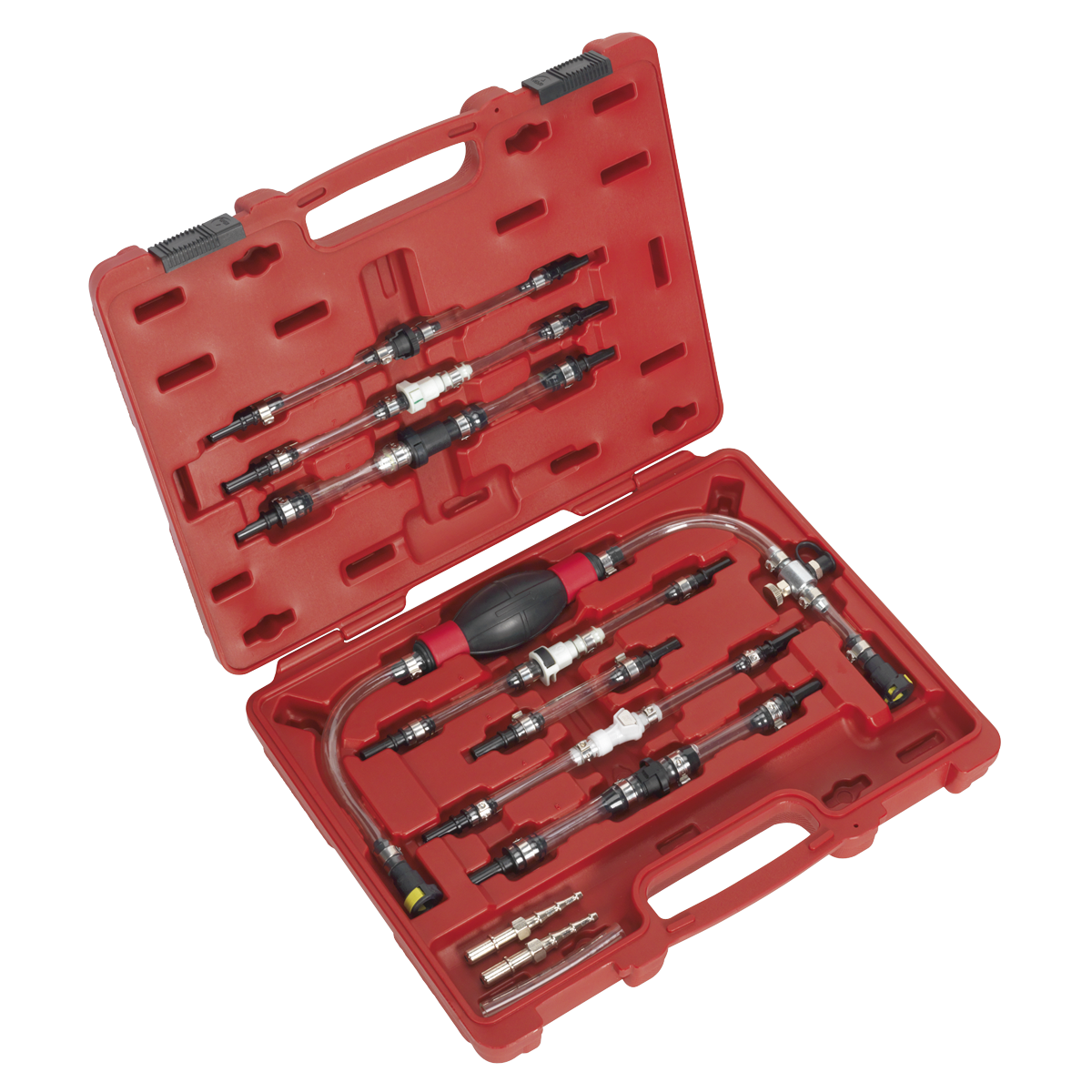 The Diesel Fuel Priming Set - VS555 by Sealey is presented in a red plastic case containing various automotive pressure test adapters, quick connectors, and the fuel priming set itself. All components are arranged neatly in custom slots for organization and protection. The open case displays the tools inside.