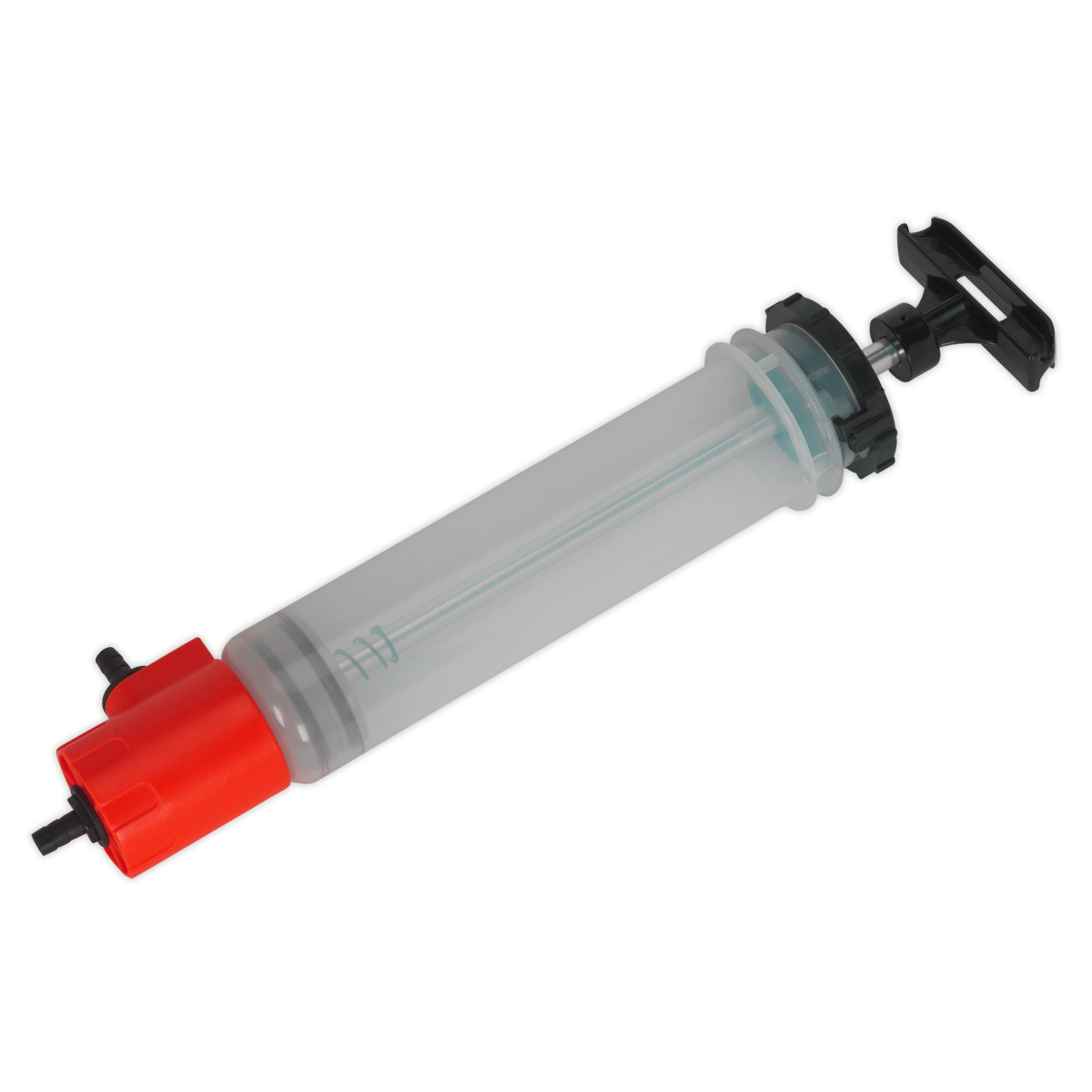 The Sealey Fluid Transfer/Inspection Syringe 550ml - VS558 features Viton® seals, a clear plastic body, a red cap on one end, and a black plunger on the other, making it ideal for precise fluid transfer.